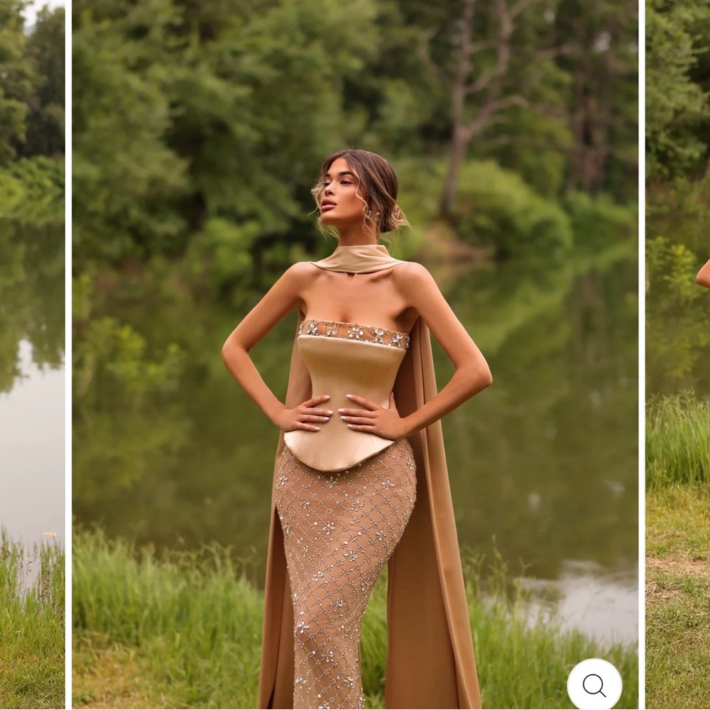 Vlora & Kaltrina-Dazelle- Evening Gown with Draped Cape and Embellished Skirt